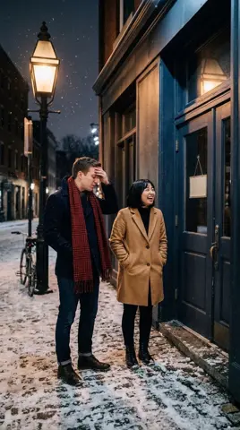 The first photo: the couple at the door of a closed restaurant in the snow
