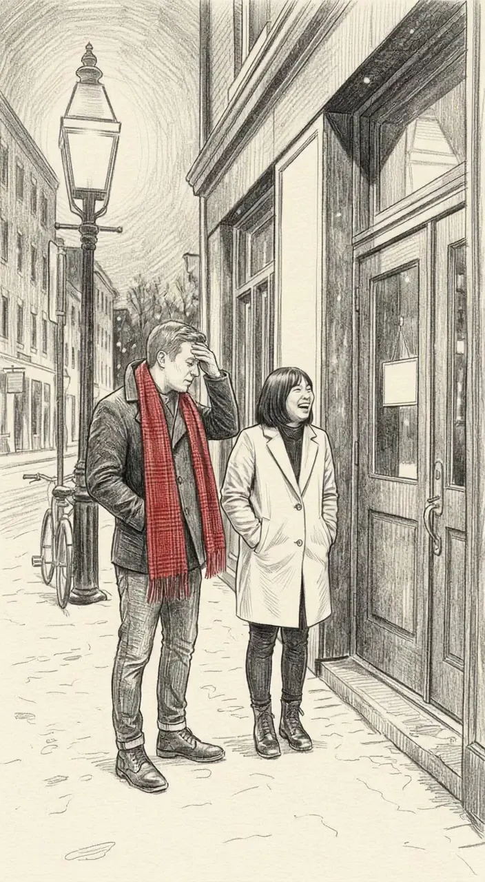 Pencil sketch style: the couple at the door of a closed restaurant in the snow