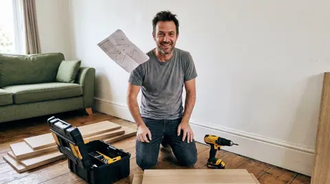 The first photo: the husband tossing the instructions over his shoulder