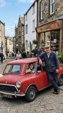 The first photo: Dad leaning on the little red car with his daughter at the wheel
