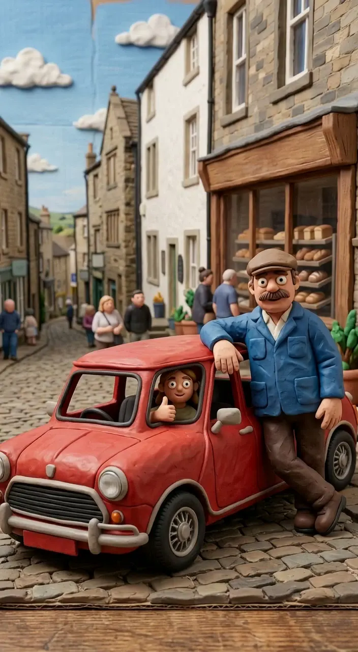 Claymation style: Dad leaning on the little red car with his daughter at the wheel