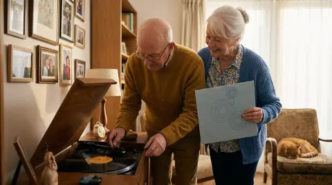 The first photo: him lowering the needle onto a record while she holds the sleeve