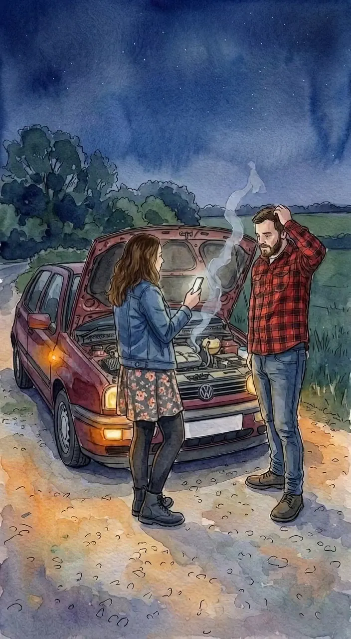 Watercolor style: the couple looking at the engine of their broken-down car at night