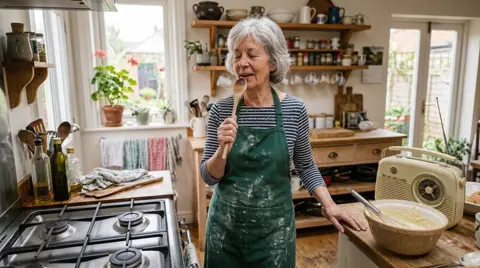 Photo 2: Mom humming into a wooden spoon beside the radio