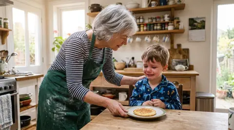 Photo 3: Mom giving the last pancake to her teary grandson