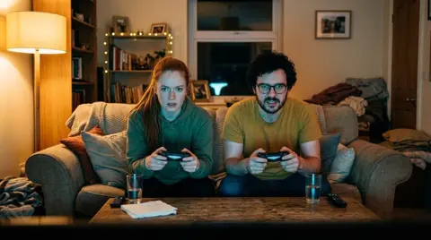 The first photo: the couple leaning forward on the couch, deep in a game