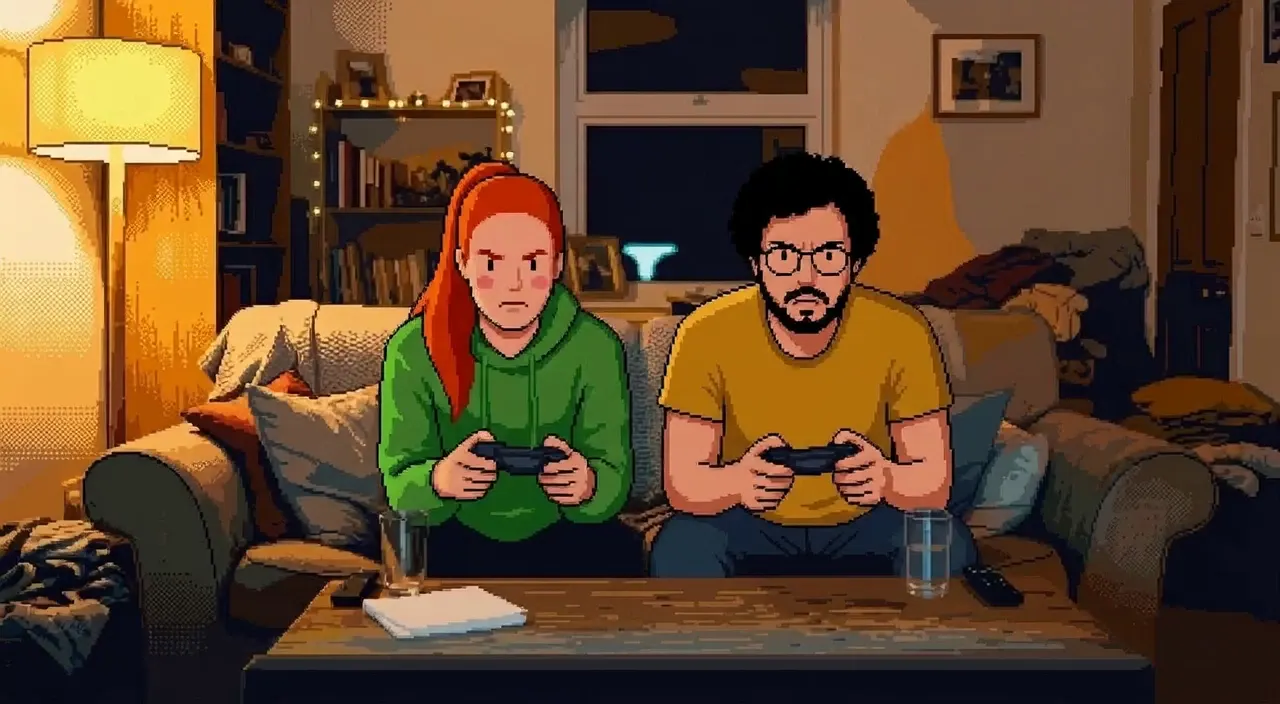 Pixel art style: the couple leaning forward on the couch, deep in a game
