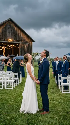 The first photo: the bride and groom looking up at dark clouds over their outdoor wedding