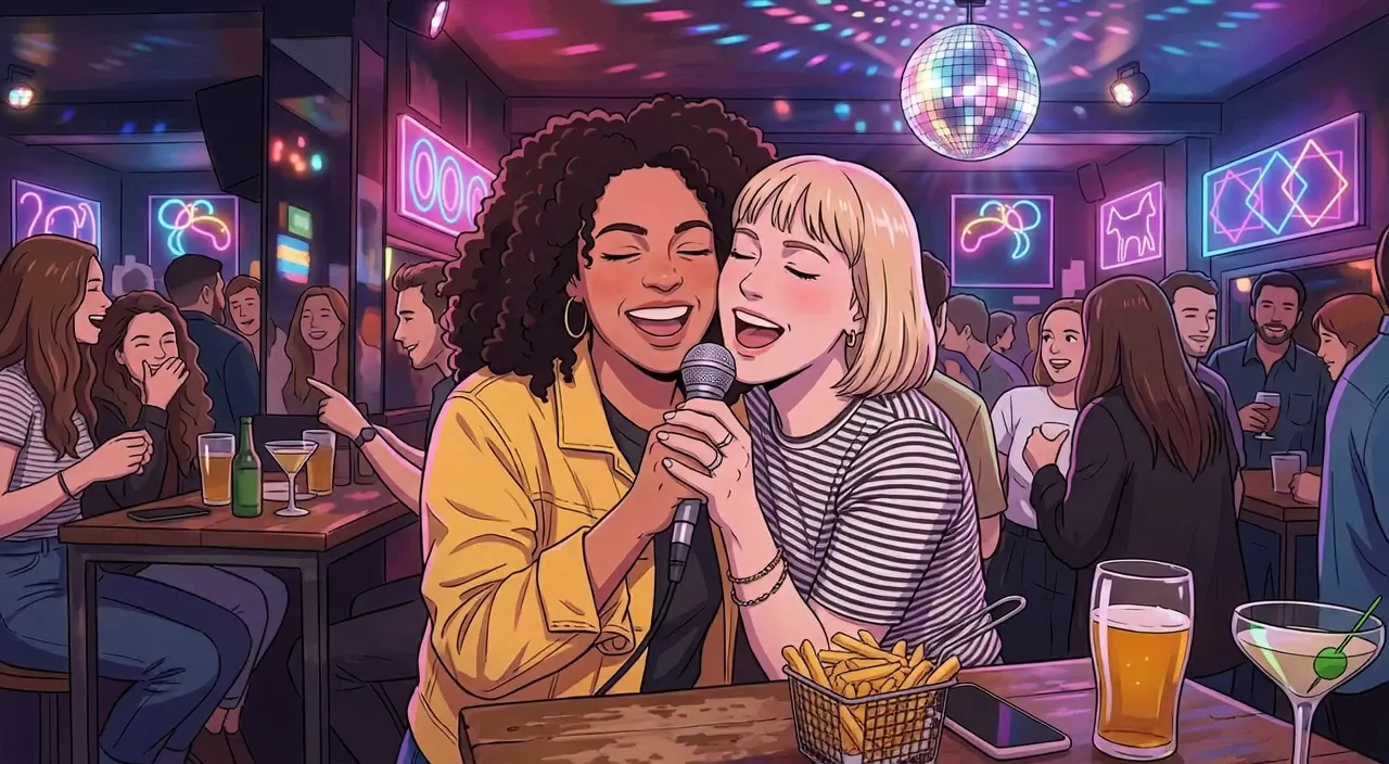 Anime style: two best friends sharing a microphone at karaoke