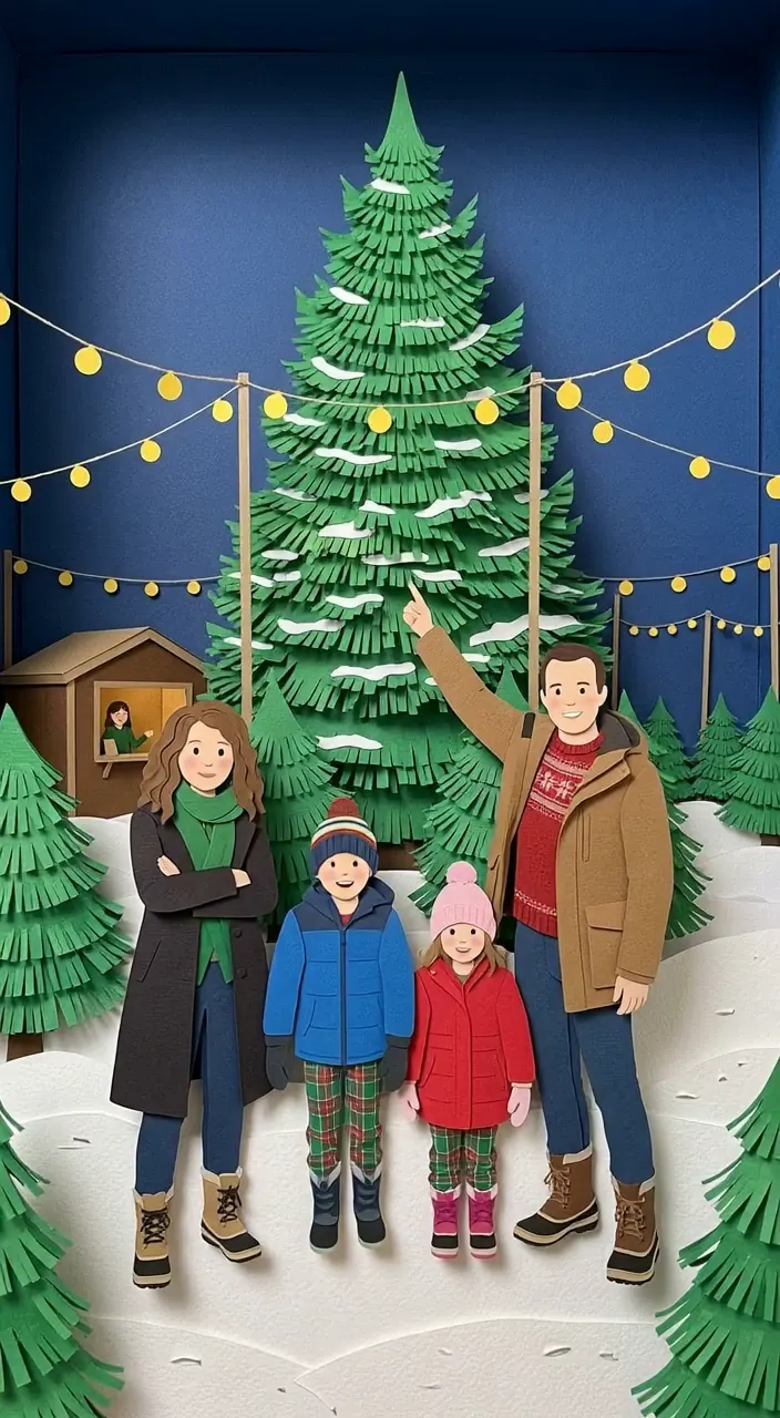 Paper cutout style: Dad pointing at an enormous tree on the Christmas tree lot