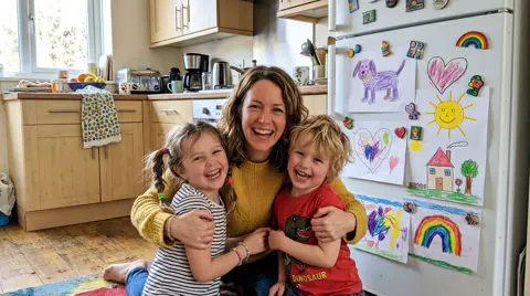 The first photo: Mom hugging her two children in front of the fridge